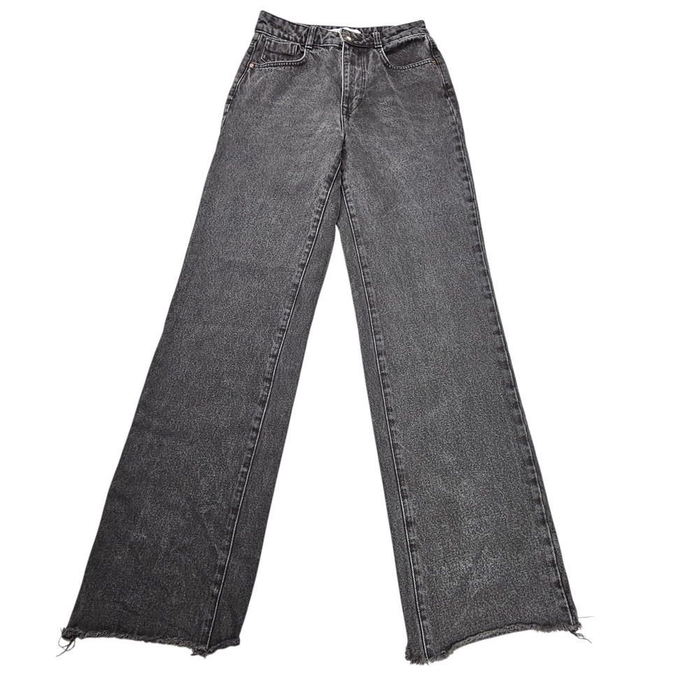 Zara Womens Jeans Size 4 High Rise Wide Leg Raw Hem Faded Black Denim Cotton